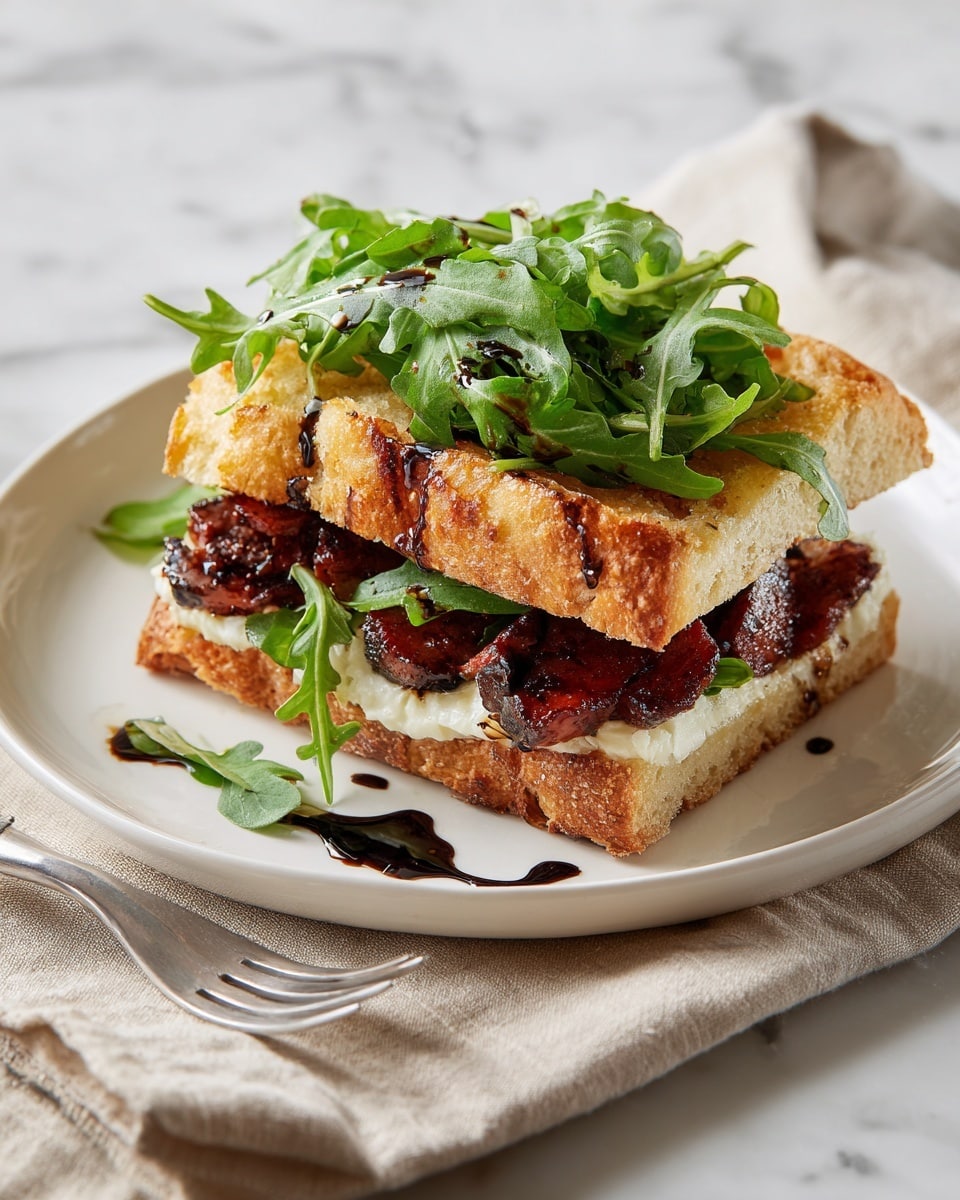 A thick sandwich made with two pieces of light golden-brown ciabatta bread, showing airy and soft texture inside, is placed on a white plate. Between the bread layers, there is a layer of darker reddish-brown grilled meat, topped with fresh green arugula leaves. The sandwich has dark lines of balsamic glaze drizzled on top and some also drizzled around the plate. The plate is on a white marbled surface with a beige napkin and silver fork beside it. photo taken with an iphone --ar 4:5 --v 7