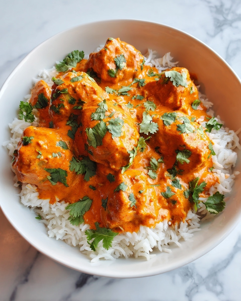 A white bowl filled with a layer of cooked white rice at the bottom, topped with chunks of chicken covered in a thick, creamy orange sauce mixed with green cilantro leaves scattered on top. The sauce looks smooth and rich, slightly shiny, and the chicken pieces are evenly coated, sitting nestled in the sauce above the rice. The bowl is placed on a white marbled surface. photo taken with an iphone --ar 4:5 --v 7