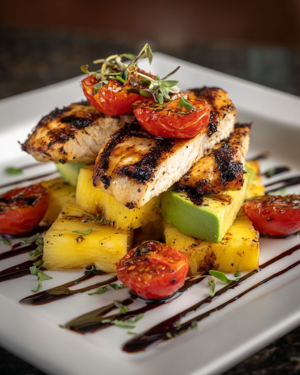A white square plate holds a dish with three main layers starting from the bottom: thick pieces of grilled chicken breast with dark char marks and seasoning, topped with slices of grilled yellow pineapple showing slightly browned grill lines, and beneath the pineapple are slices of green avocado with creamy texture. Scattered on top and around these layers are bright red, grilled cherry tomato halves with dark grill marks, finished with a drizzle of dark balsamic glaze and small green herb pieces sprinkled all over. Photo taken with an iphone --ar 4:5 --v 7