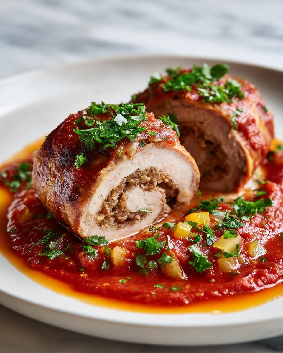 Two thick, rolled pieces of meat sit on a white plate resting on a white marbled surface, each piece showing multiple inner layers: the innermost part is a finely ground brown filling, wrapped by a lighter, smooth outer layer of cooked meat, tightly rolled. The rolls are covered with a rich, chunky bright red tomato sauce that pools around the base and is dotted with small yellow and green bits, likely herbs and vegetables. Fresh green chopped parsley is sprinkled generously over the top, adding a touch of bright color contrast. photo taken with an iphone --ar 4:5 --v 7