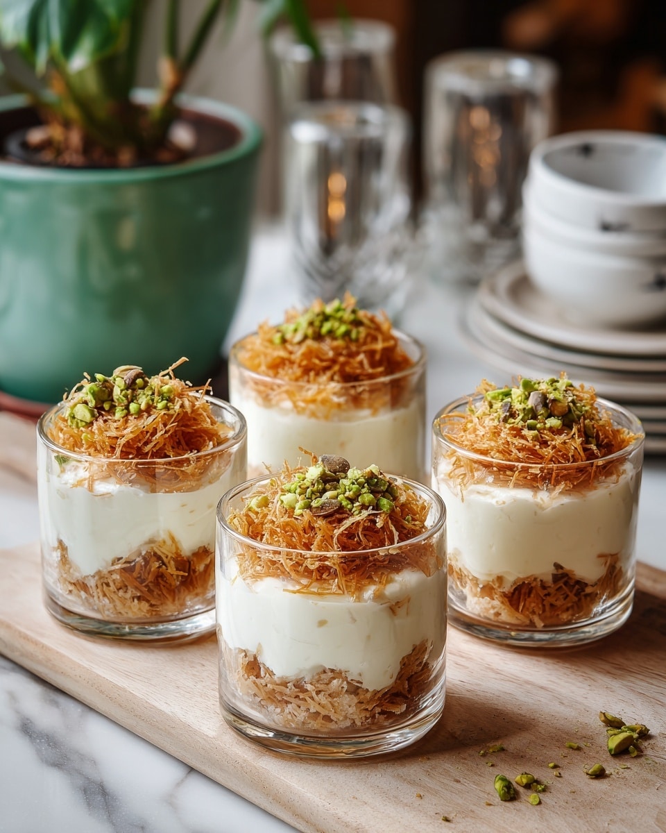 The image shows four clear glass dessert cups placed on a light wooden surface. Each cup has three visible layers: a bottom layer of crunchy, light brown shredded pastry, a thick creamy white middle layer, and a top layer of golden-brown crispy shredded pastry. On top of each dessert's crispy layer, there is a small pile of finely chopped green pistachios, adding a touch of color and texture. The background includes a green potted plant, white measuring cups stacked together, and some glass candle holders, all set on a white marbled surface. photo taken with an iphone --ar 4:5 --v 7