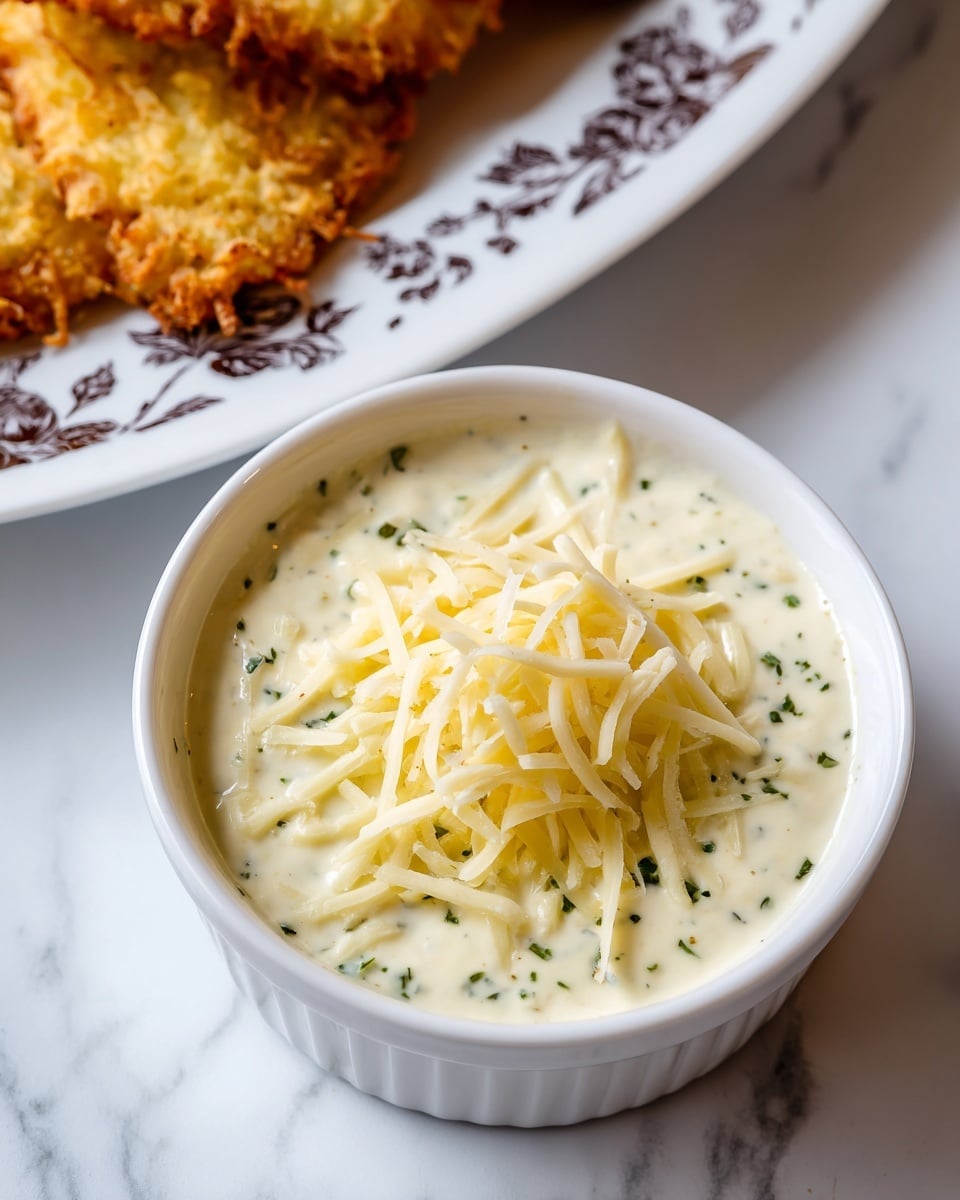 A small white bowl filled with a creamy white sauce that has specks of herbs, topped with a pile of thin, pale yellow shredded cheese arranged loosely in the center. In the background, there is a portion of golden-brown fried food on a white plate with a dark floral pattern. The bowl and plate rest on a white marbled surface. photo taken with an iphone --ar 4:5 --v 7
