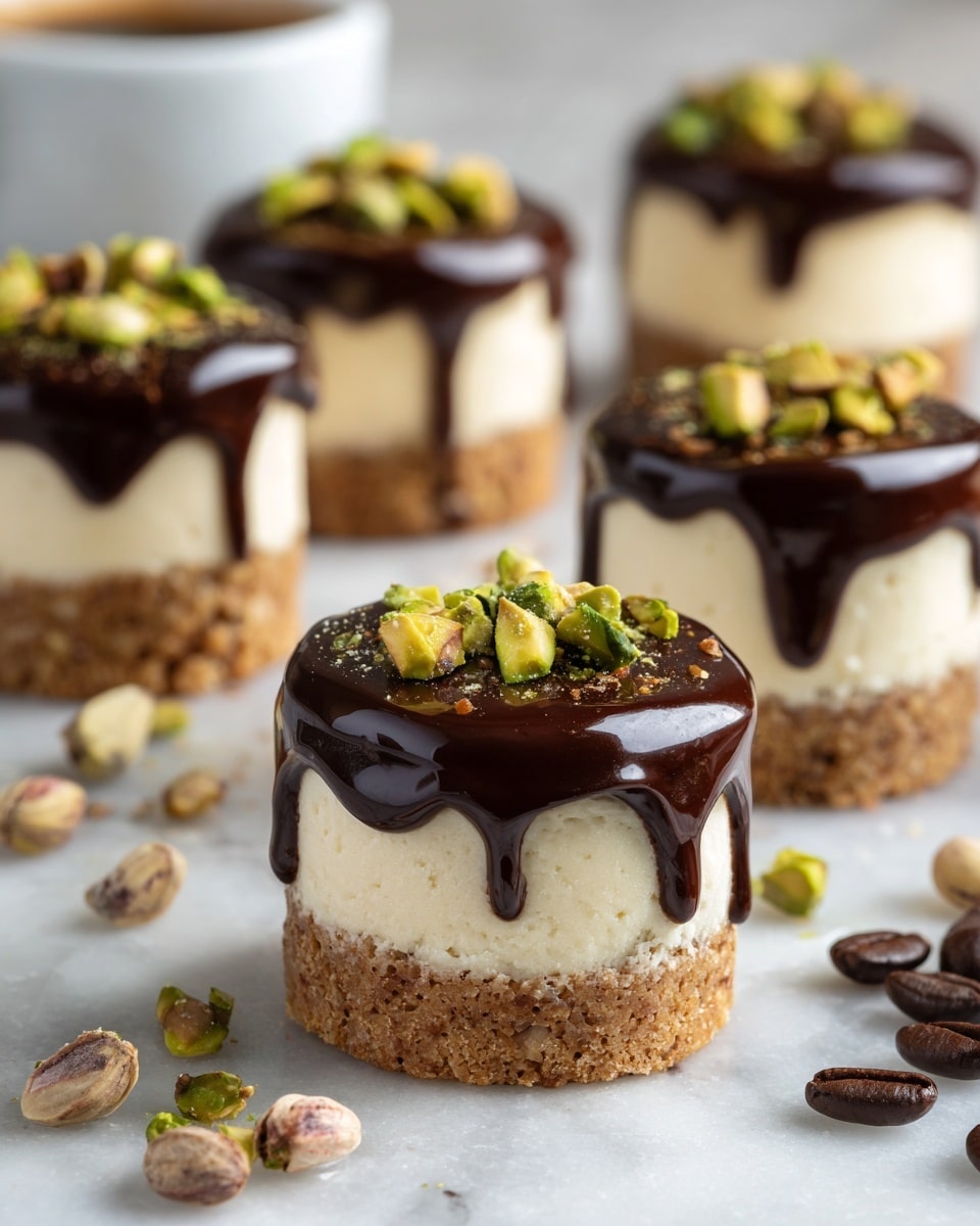 The image shows several small, round desserts each with three visible layers arranged neatly on a white marbled surface. The bottom layer is a light brown biscuit or nut base with a slightly rough texture. Above this is a thick, smooth cream-colored layer that looks soft and fluffy. The top layer is a glossy dark chocolate glaze that drips slightly over the edges, creating a shiny appearance. On top of the chocolate glaze, there are small pieces of chopped green pistachios scattered, adding texture and color contrast. Around the desserts, there are some scattered pistachio pieces and a few coffee beans on the white marbled surface. photo taken with an iphone --ar 4:5 --v 7