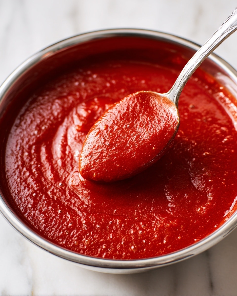 A close-up view of a shiny silver metal bowl filled with a thick, smooth, red sauce that has an even texture with small bubbles. The sauce covers the entire bottom of the bowl, and a silver spoon is partially dipped into the sauce, lifting a portion to show its glossy, sticky surface. The background is a white marbled texture. photo taken with an iphone --ar 4:5 --v 7