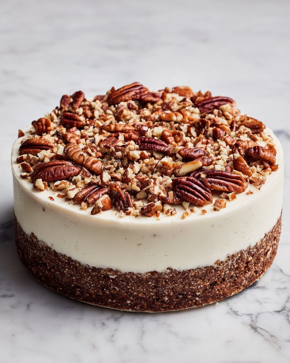 A round three-layer cake sits on a white marbled surface with a white frosted top layer that is smooth and creamy. The bottom layer is a dense, dark brown crust that looks crunchy. On top of the white frosting, there is a generous scattering of whole and chopped pecans, giving a rich brown color and textured, nutty appearance. The cake’s layers show a clear division between the dark crust and the bright cream layer. Photo taken with an iphone --ar 4:5 --v 7