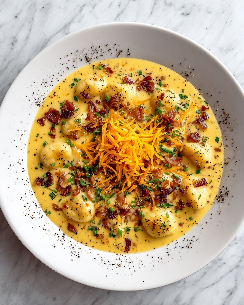 A white plate holds a creamy yellow sauce base with small, round gnocchi floating evenly across the surface. On top, there are bits of crispy bacon scattered, adding a dark reddish-brown contrast, and a layer of shredded orange cheese sprinkled in the center. Small green garnishes are spread lightly over the dish, and a dash of black pepper is sprinkled all around, creating fine specks. The background is a white marbled texture. Photo taken with an iphone --ar 4:5 --v 7