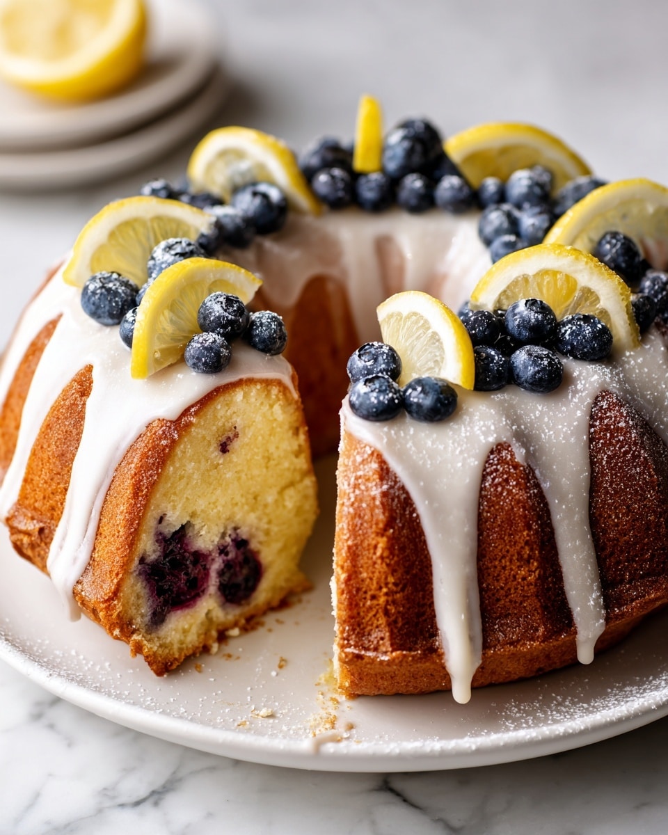 The image shows a bundt cake on a white plate, placed on a white marbled surface. The cake has one slice cut out, revealing a soft, light yellow interior with scattered dark purple blueberries inside. The outside is golden brown with a smooth white glaze dripping down the sides. On top of the cake, there are fresh blueberries and thin lemon slices arranged around the ring. Powdered sugar is lightly dusted over the cake, adding a delicate touch. Photo taken with an iphone --ar 4:5 --v 7