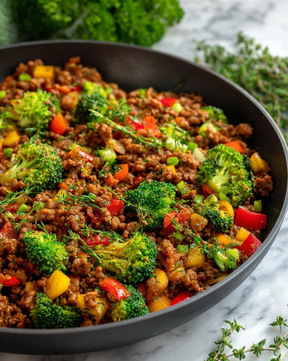 The close-up image shows a black pan filled with a colorful stir-fry made of small crumbled cooked meat, bright green broccoli florets, diced red and yellow bell peppers, and chopped onions, all mixed together and sprinkled with fresh green herbs. The vegetables look tender with a slight gloss from cooking, and the meat has a rich brown color, appearing well-cooked and seasoned. The background shows a white marbled surface with some blurred greenery and ingredients, enhancing the fresh and homemade feel of the dish. Photo taken with an iphone --ar 4:5 --v 7