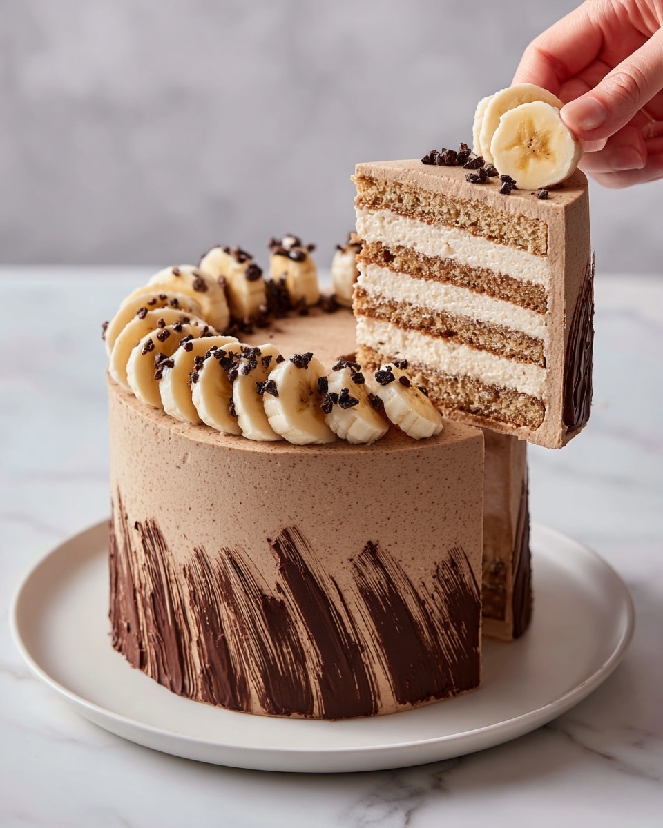 The image shows a tall, round layered cake with seven visible layers. The cake's outer frosting is smooth and has a gradient of dark to medium brown colors with textured chocolate brush strokes at the bottom. The top of the cake is decorated with slices of banana and small dark chocolate pieces in the center. A woman's hand is lifting one thick slice of the cake, showing evenly spaced layers of light brown cake and cream. The cake sits on a white plate on a white marbled surface. Photo taken with an iphone --ar 4:5 --v 7