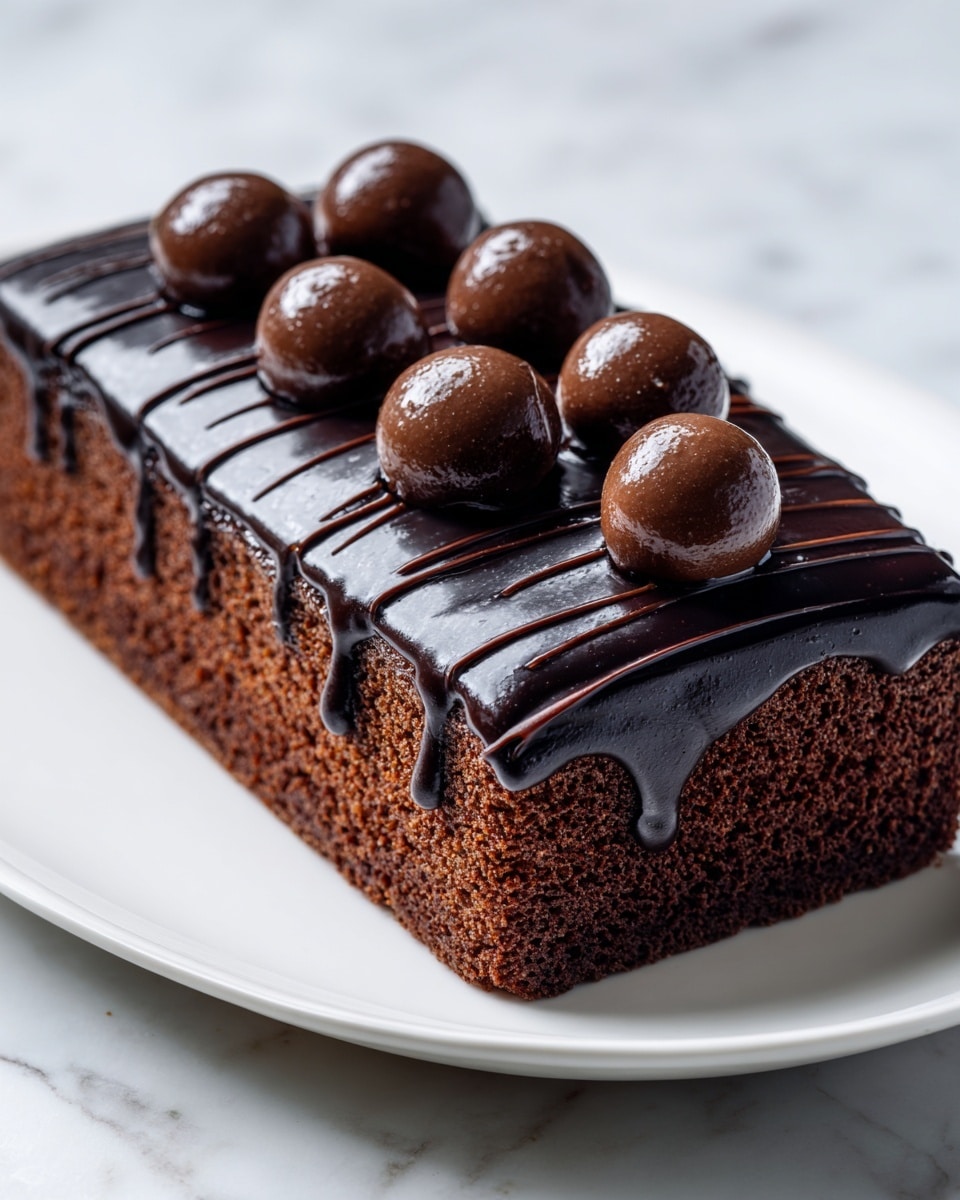 A rectangular chocolate cake with two visible layers of moist dark brown sponge is shown on a white plate. The top layer is thickly covered with glossy dark chocolate ganache that drips down the sides, creating shiny streaks. Seven round chocolate balls are evenly placed on top in two rows, with five in front and two in back. Thin dark chocolate lines are drizzled lengthwise over the ganache, adding texture. The white plate sits on a white marbled surface. Photo taken with an iphone --ar 4:5 --v 7