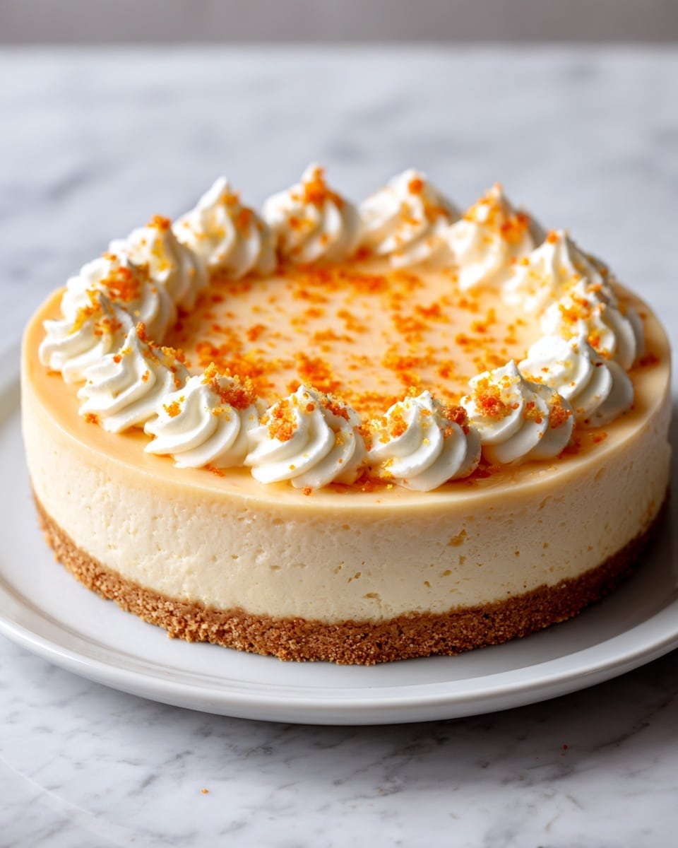 A round, creamy peach-colored cheesecake with a crumbly light brown crust at the bottom, topped with soft white cream swirls evenly placed around the edge, sprinkled with small orange bits on top; the cake is on a white plate, all set on a white marbled surface. Photo taken with an iphone --ar 4:5 --v 7