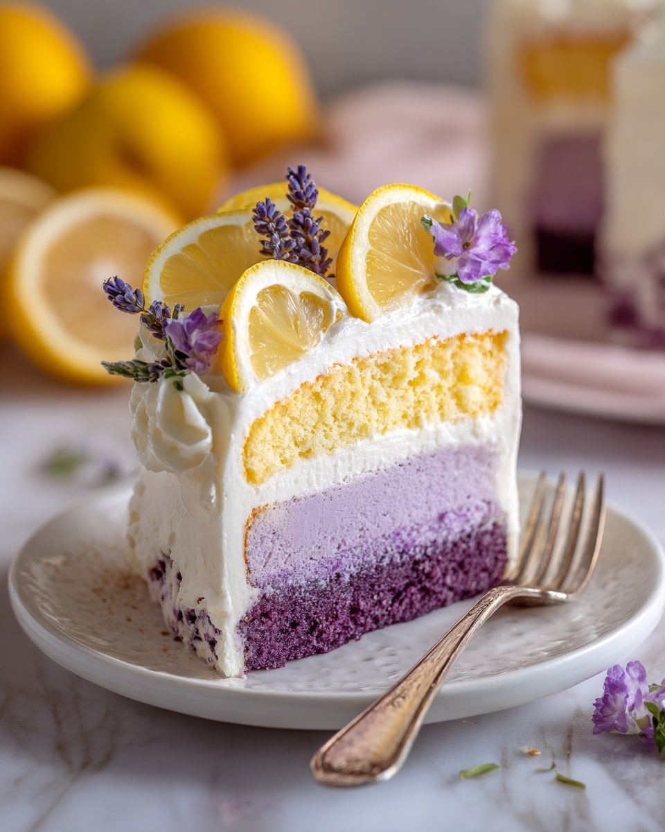 A slice of three-layer cake on a white plate with a silver fork beside it, placed on a white marbled texture. The bottom layer is purple and soft, the middle layer is white cream with a smooth texture, and the top layer is yellow with a fluffy look. The whole cake slice is covered in white frosting, with three thin lemon slices on top of the cake, and sprigs of small purple flowers decorating the top. The background is blurred with yellow lemons visible. Photo taken with an iphone --ar 4:5 --v 7