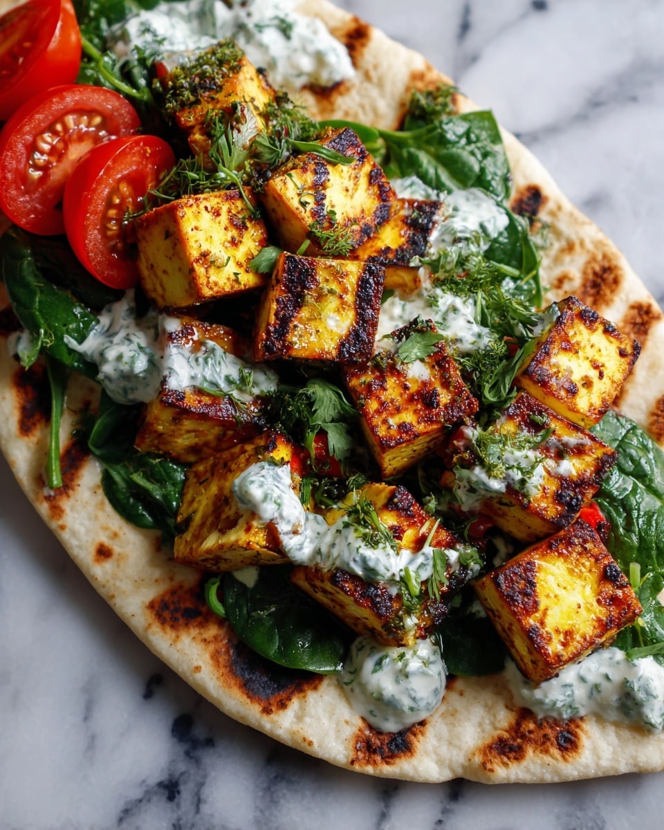 A grilled flatbread forms the base with its light brown spots and soft texture, topped with bright green spinach leaves scattered evenly. On top of the greens, there are dollops of white creamy sauce with green herb flecks mixed in. Cherry red tomato slices, thin and curved, sit neatly on one side. The main focus is a pile of golden-brown grilled tofu cubes with visible char marks and a reddish sauce with herbs drizzled on some of the cubes. The dish rests on a white marbled surface. Photo taken with an iphone --ar 4:5 --v 7
