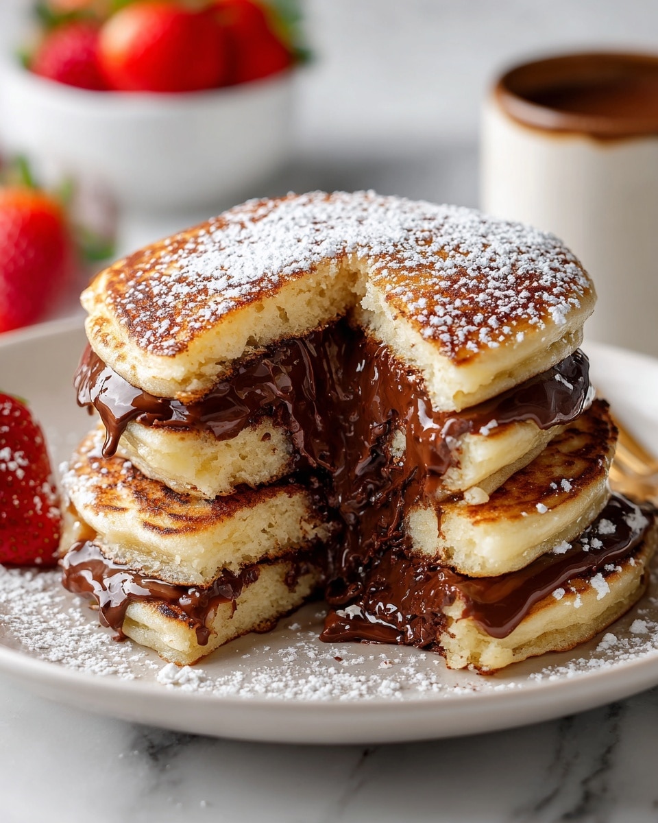 A stack of four golden brown pancakes on a white plate with a thick layer of smooth, melted chocolate spread between each pancake layer. The top pancake is dusted with powdered sugar and has a quarter cut out, showing the gooey chocolate filling inside. The pancakes have a fluffy texture with slightly crispy edges, and the melted chocolate oozes out slightly at the sides. In the background, there is a blurred white bowl with red strawberries and a brown cup, all set on a white marbled surface. photo taken with an iphone --ar 4:5 --v 7