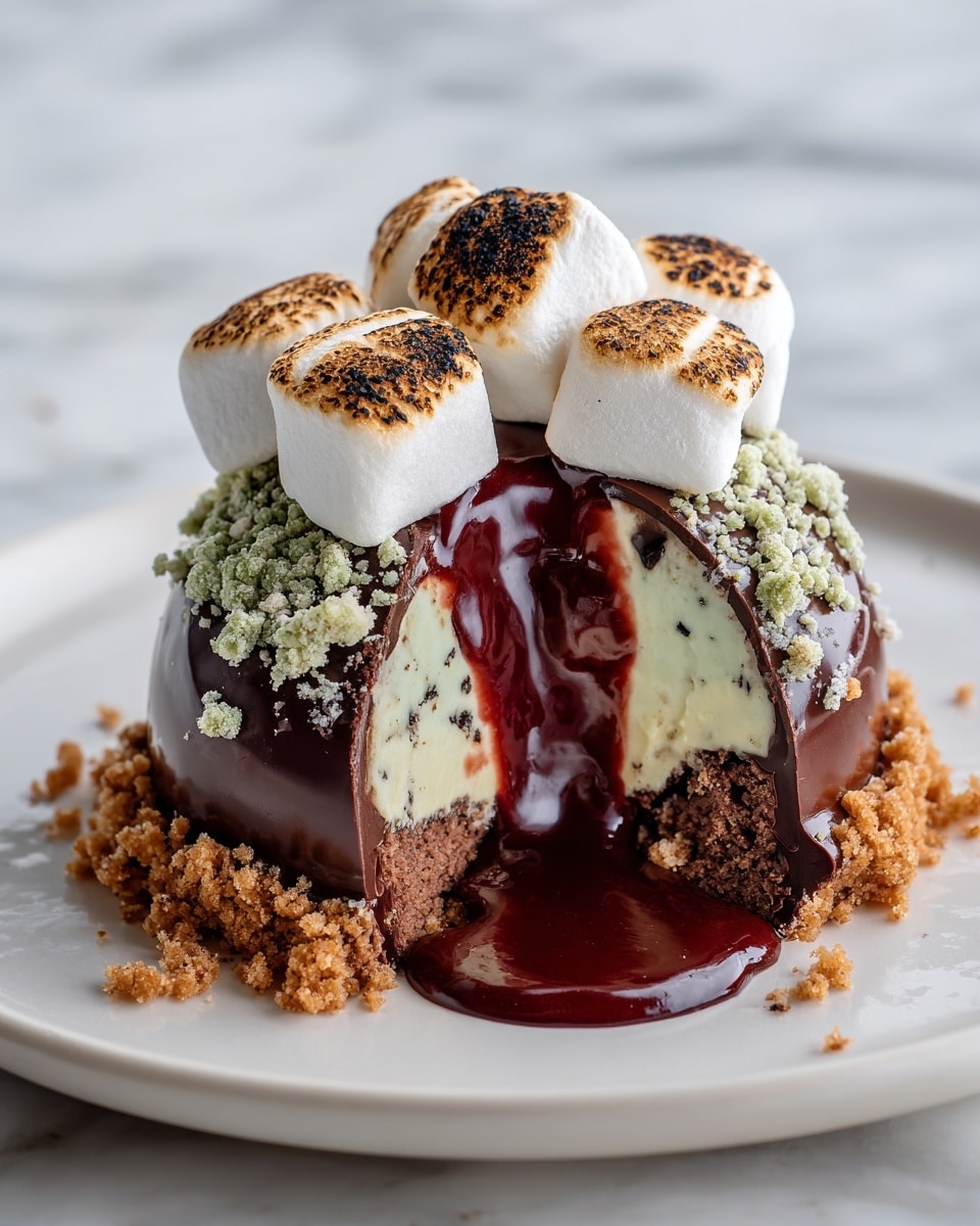 A round dark chocolate shell forms the outer layer, partially broken to reveal the inside. Inside, the bottom layer is a brown crumbly crust, topped with a creamy pale yellow filling. Above that, there is a smooth, glossy dark red sauce flowing down into the plate. The top of the dessert is sprinkled with light green crumbs and dark chocolate chips, with four toasted marshmallows sitting on top, brown and white toasted unevenly. The dessert sits on a white plate against a white marbled surface. Photo taken with an iphone --ar 4:5 --v 7