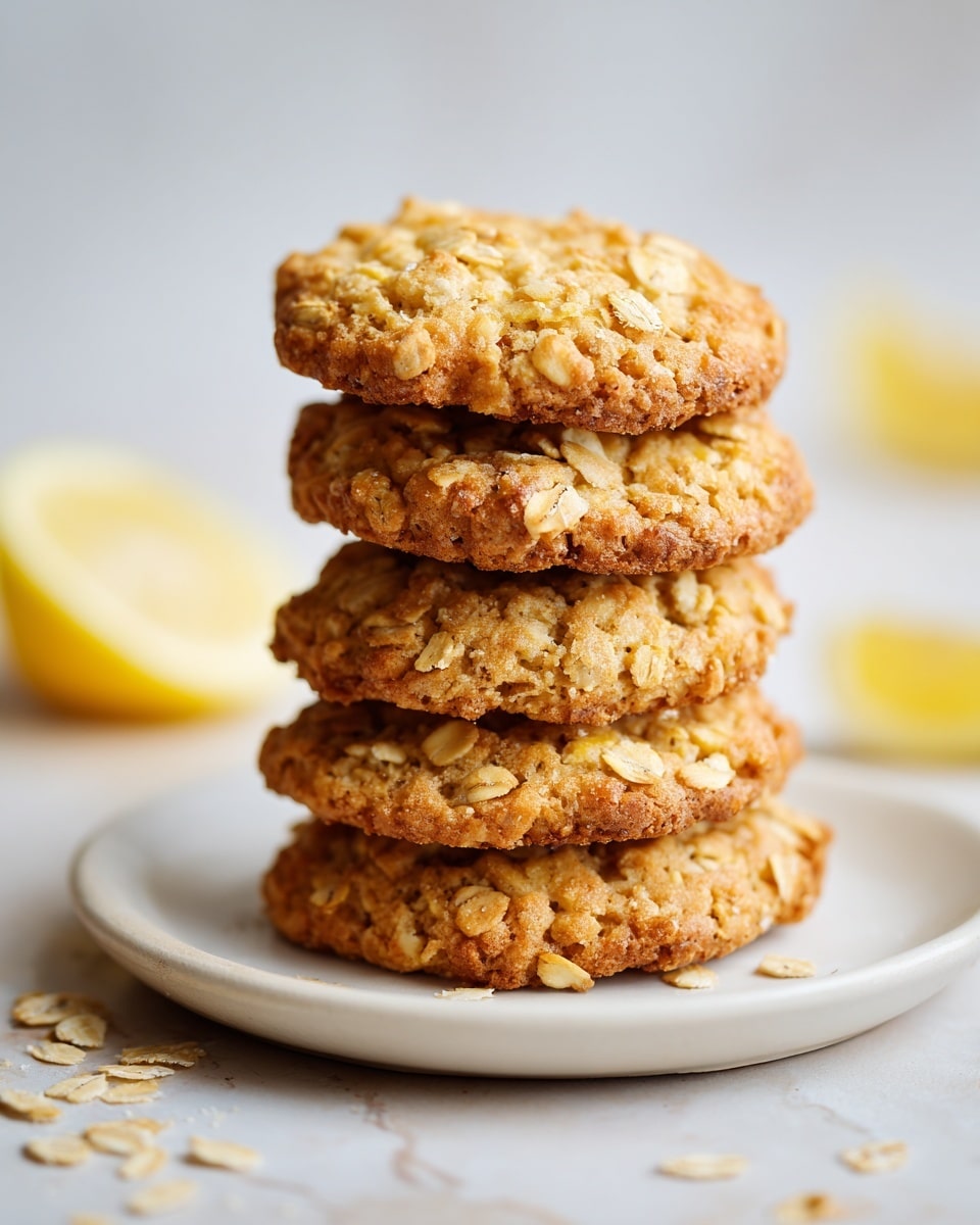 The image shows a stack of five oatmeal cookies on a white plate. Each cookie is golden brown, with visible oat flakes making the surface look rough and crumbly. The cookies are round and uneven in texture, showing a homemade feel. In the background, there are lemon slices adding a touch of yellow, and some scattered oat flakes on the white marbled surface beneath the plate. The lighting is soft, making the cookies look fresh and inviting. photo taken with an iphone --ar 4:5 --v 7