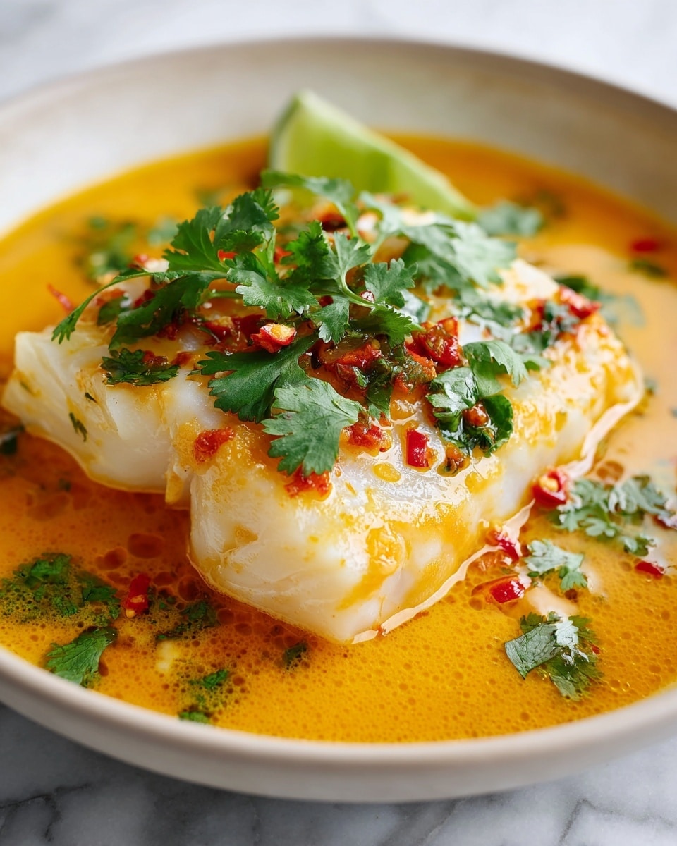 A close-up view of a thick, white fish fillet placed in the center of a shallow white bowl filled with a rich, orange-yellow sauce. The fish is garnished with bright green cilantro leaves and small, shiny red chili flakes scattered on top. Part of a green lime wedge is visible behind the fish, resting on the sauce. The sauce looks smooth and slightly oily, with a few floating bits of herbs. The bowl sits on a white marbled surface. photo taken with an iphone --ar 4:5 --v 7