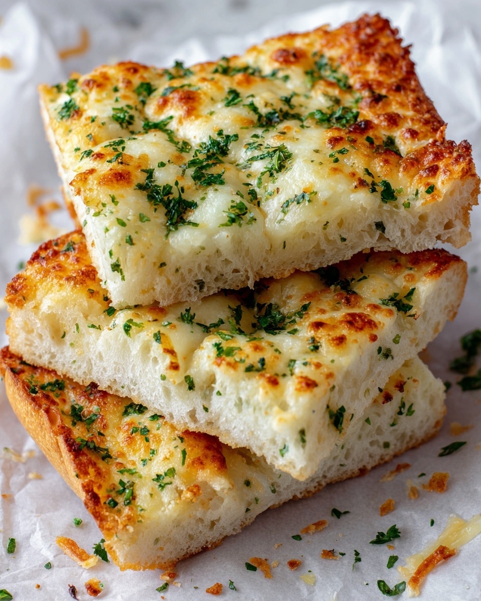 The image shows three slices of cheesy garlic bread stacked on a white marbled surface. Each slice has a thick, airy bread base with a golden brown crust. On top, there is a layer of melted cheese, browned in spots, mixed with small green herb pieces sprinkled evenly over all the slices. The bread looks soft inside with a slightly crunchy top. Photo taken with an iphone --ar 4:5 --v 7