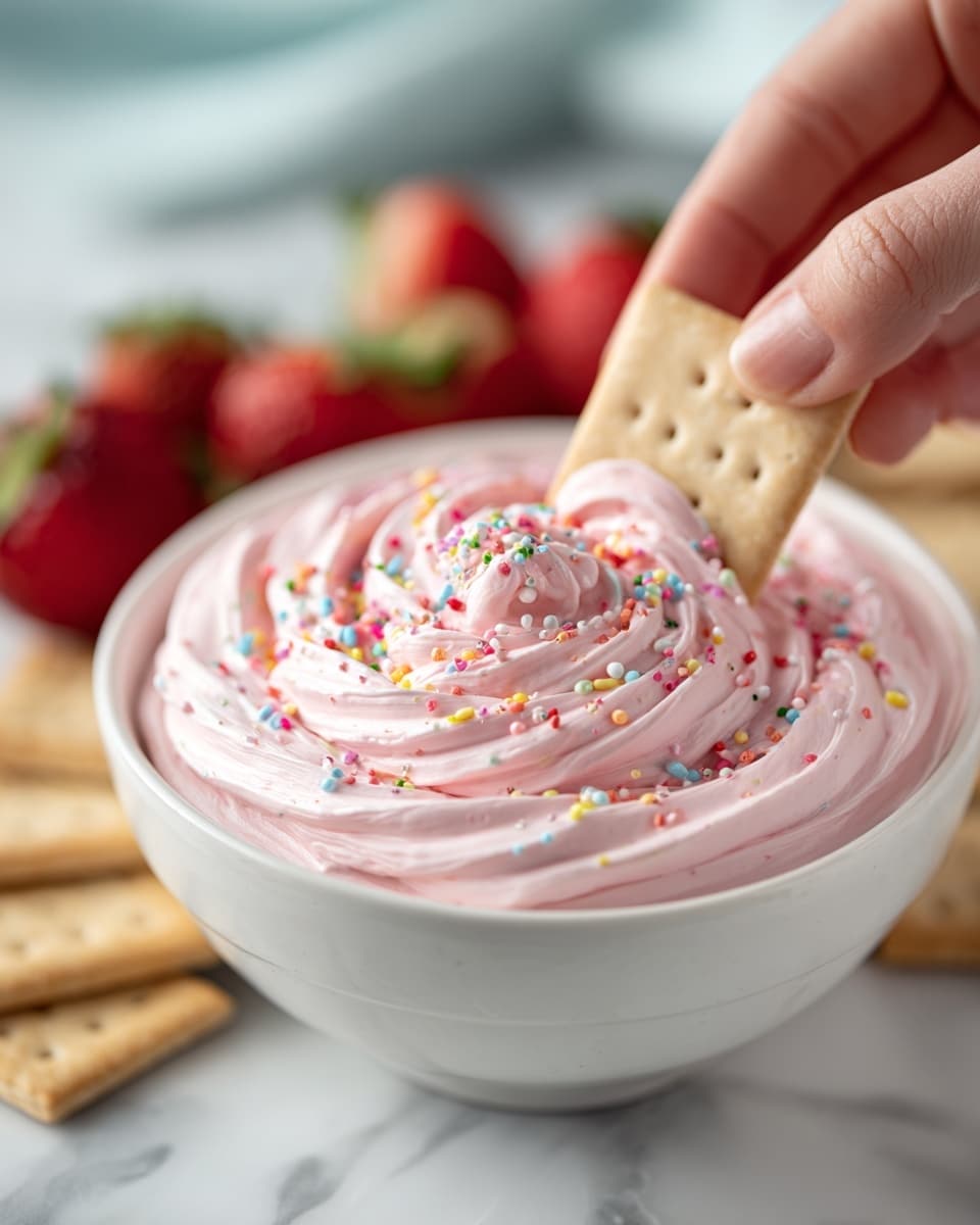A close-up of a white bowl filled with smooth, pink whipped dip swirled in a spiral pattern, sprinkled lightly with small, colorful round sprinkles. A woman's hand is dipping a square, light brown cracker into the creamy dip. In the blurred background, there are more light brown crackers and bright red strawberries placed on a white marbled surface. The overall look is soft and inviting with pastel colors. photo taken with an iphone --ar 4:5 --v 7