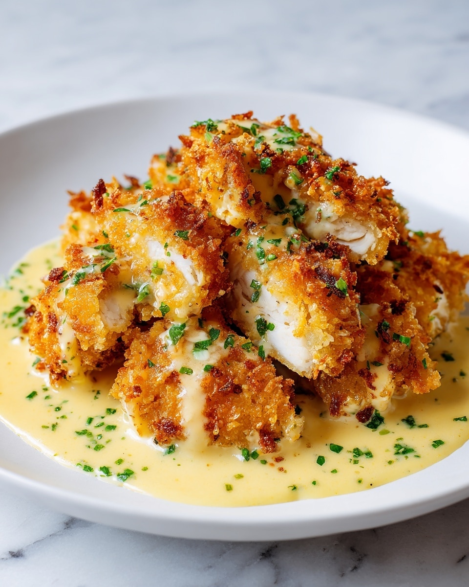 A white plate filled with crispy, golden-brown breaded chicken cut into small pieces layered in the center, each piece showing a crunchy texture with browned edges. The chicken is topped and surrounded by a smooth, creamy light yellow sauce that has a glossy shine, garnished with small, bright green chopped herbs scattered evenly on and around the chicken. The chicken pieces appear slightly stacked, with some pieces overlapping on a white marbled surface in the background. photo taken with an iphone --ar 4:5 --v 7