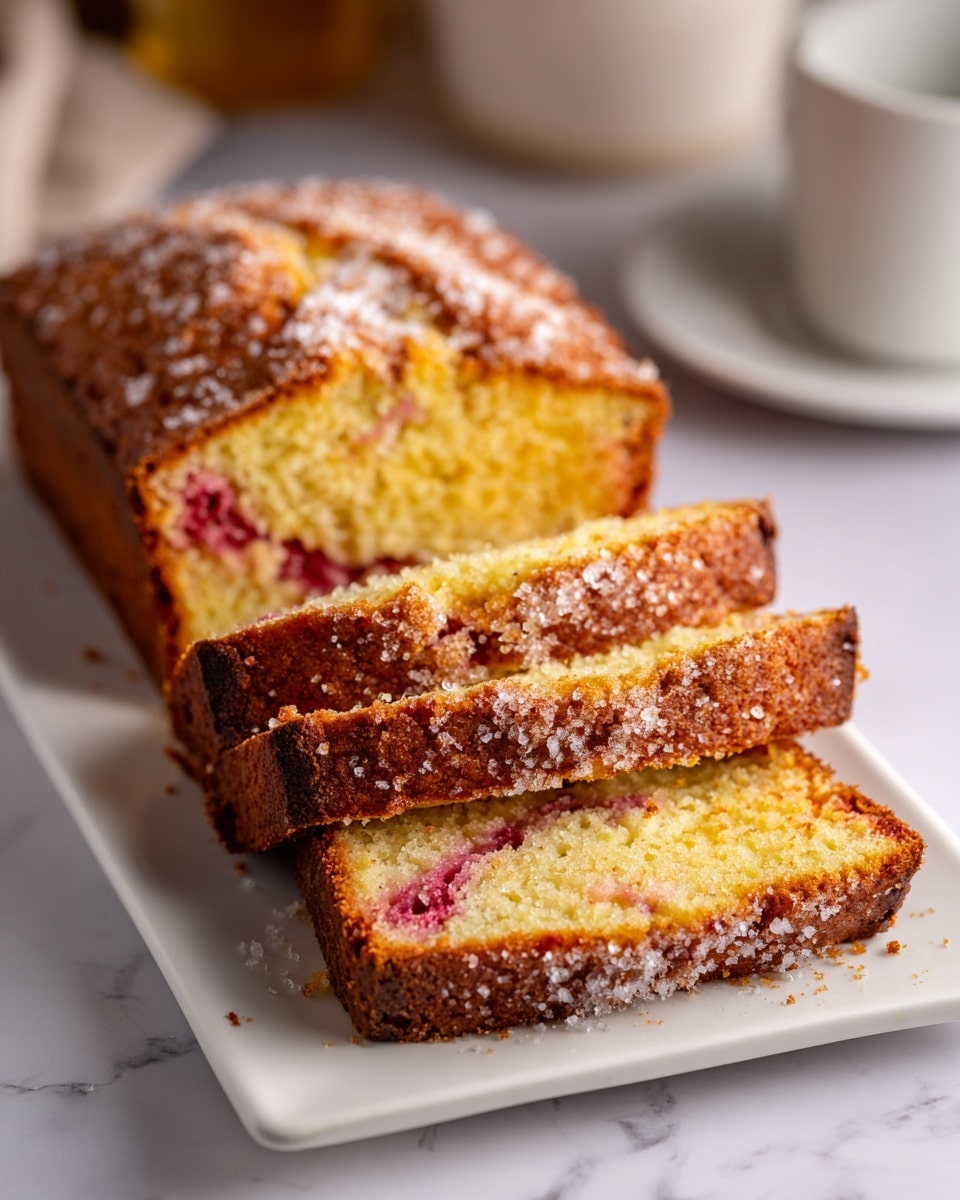 A loaf cake with a golden-brown crust sits on a white rectangular plate over a white marbled surface. The cake is cut into three thick slices, revealing a moist, light yellow crumb inside. Each slice has visible streaks of pinkish-red fruit embedded in the soft cake, giving it a layered effect with the golden crumb. The top of the cake is sprinkled with coarse sugar, adding a sparkling texture. The edges of the loaf are darker brown, showing the baked crust. The background contains soft, blurred kitchen elements with warm lighting. photo taken with an iphone --ar 4:5 --v 7