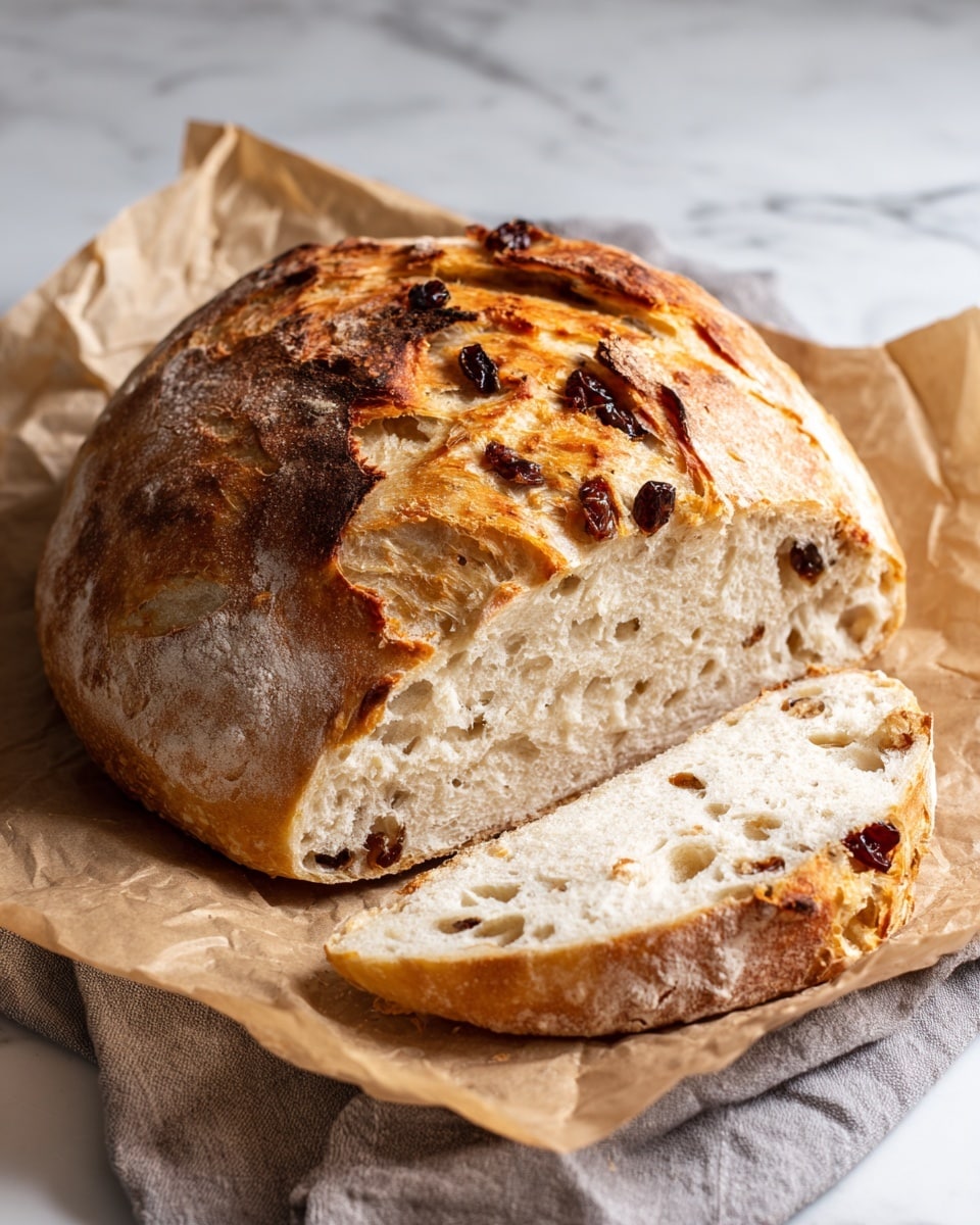 A round loaf of bread with a golden brown crust and soft, light inside sitting on crumpled light brown parchment paper. The bread has a rustic texture with some darker toasted patches and a few pieces of dark dried fruit visible on the surface. One thick slice is cut from the loaf and placed in front, showing the airy and fluffy inside with small, uneven holes. The parchment paper rests on a soft gray cloth, all set on a white marbled surface. photo taken with an iphone --ar 4:5 --v 7