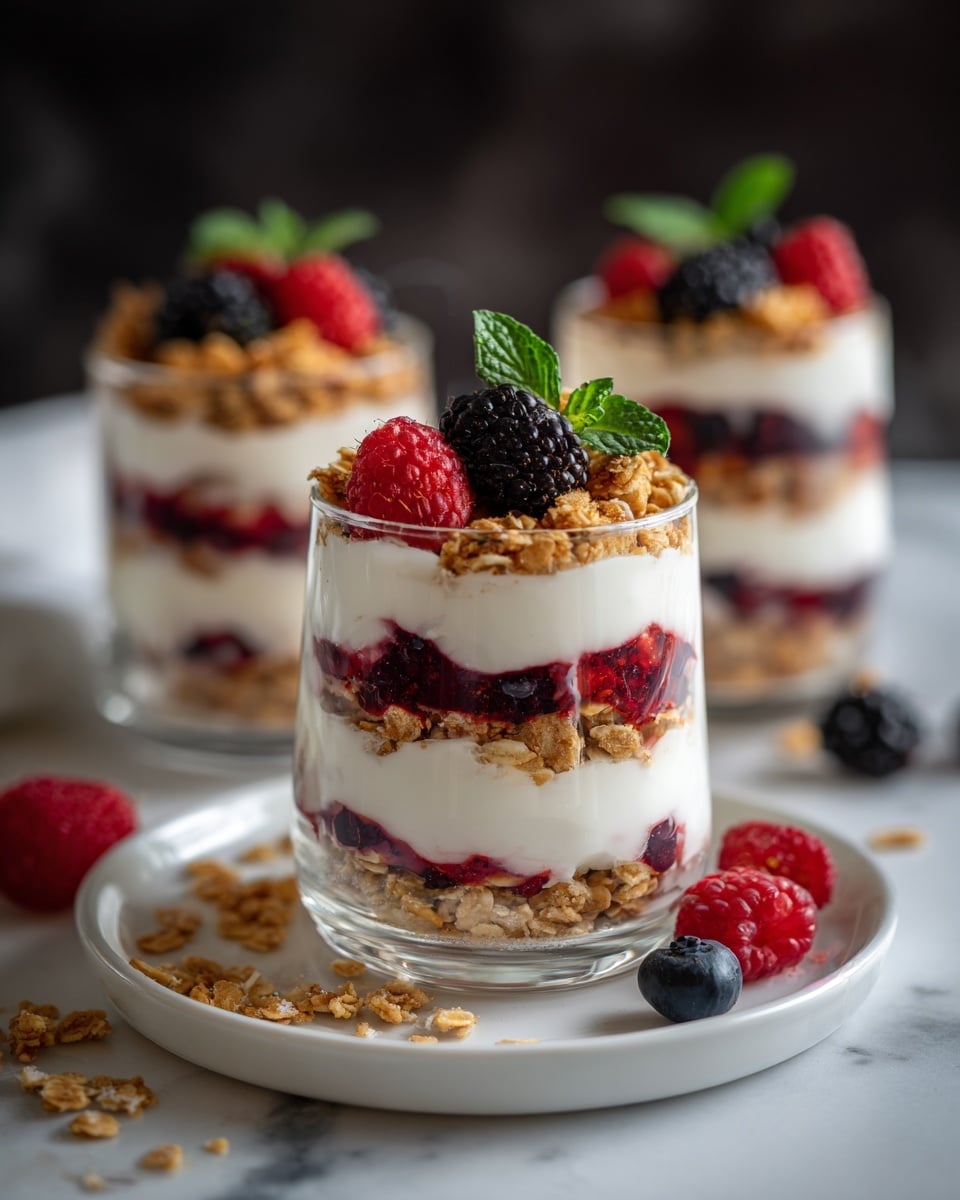 The image shows three clear glass cups filled with layered parfaits placed on a white marbled surface. Each parfait has four visible layers starting from the bottom: a layer of mixed red and dark berries, then a thick layer of creamy white yogurt, followed by a crunchy granola layer with a golden-brown texture, and another layer of yogurt. The parfaits are topped with granola, fresh red raspberries, blackberries, and a single green mint leaf on the closest cup. The closest cup is placed on a plain white plate with scattered granola pieces and a few berries around it. The background is softly blurred and dark, making the colors of the parfaits stand out. Photo taken with an iphone --ar 4:5 --v 7