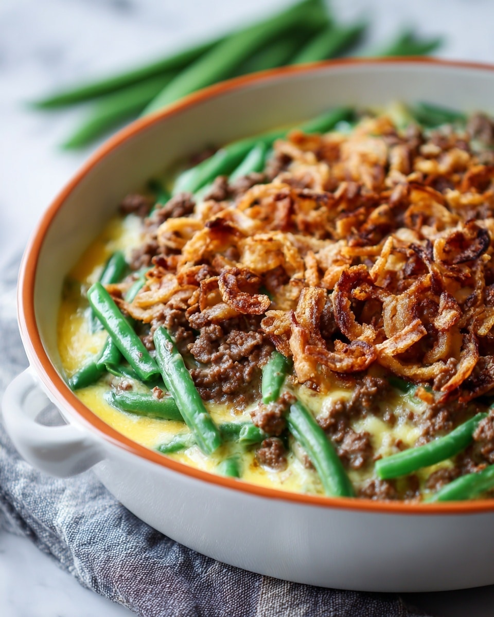 This dish shows a close-up view of a layered casserole in a white bowl with an orange rim, placed on a white marbled texture with a grey and white cloth underneath. The bottom layer consists of bright green, fresh green beans, lying horizontally and packed tightly. Above the green beans is a creamy yellow cheese sauce with a smooth texture. On top of the cheese sauce, there is a layer of browned, cooked ground beef, crumbly in texture and rich brown in color. The top layer is made up of crispy, golden-brown fried onions spread evenly, adding a crunch to the dish. The background is softly blurred green beans, making the main dish stand out. photo taken with an iphone --ar 4:5 --v 7