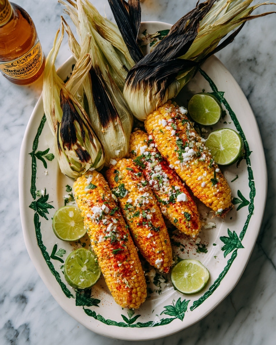 The image shows three grilled corn ears with their husks pulled back, resting on a white oval plate with green leaf patterns. Each corn is coated with a yellow buttery layer, sprinkled with white cheese, red chili powder, and green herbs, giving a colorful and textured look. The charred husks are positioned at the top of the plate, with the bright yellow kernels facing forward. Around the plate, several lime wedges in light green color are placed. The background is a white marbled surface with part of an opened beer bottle visible in the top left corner. photo taken with an iphone --ar 4:5 --v 7