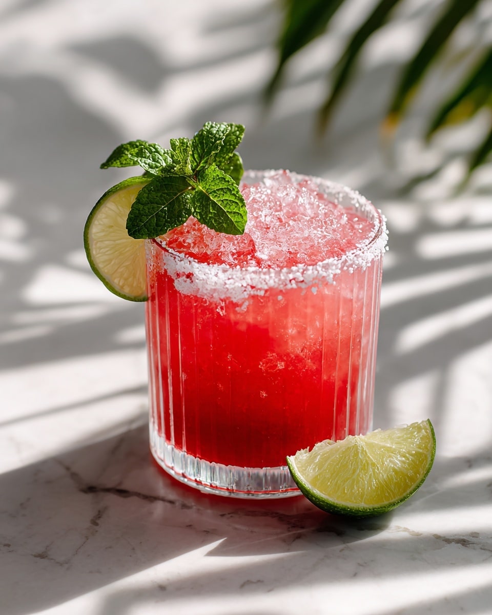 A clear, ribbed glass filled with a bright pink-red drink topped with crushed ice and garnished with a thin slice of lime placed on the edge and a sprig of fresh green mint leaves in the center. The glass rim is coated with a light layer of salt or sugar crystals, and the scene sits on a white marbled surface with soft shadows. Photo taken with an iphone --ar 4:5 --v 7
