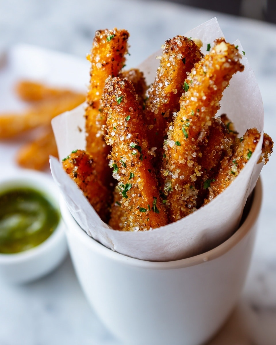 A white ceramic cup filled with golden brown fried sticks, each coated in a coarse breadcrumb crust and sprinkled with small green herb leaves, likely parsley, adding pops of color. The crispy sticks have a crunchy texture with visible granules of seasoning on the surface. The cup has a white paper lining inside, helping hold the fries upright and spilling slightly over the edge. In the blurred background, a small white bowl with green sauce and a few more fried sticks can be seen on a white marbled surface. Photo taken with an iphone --ar 4:5 --v 7