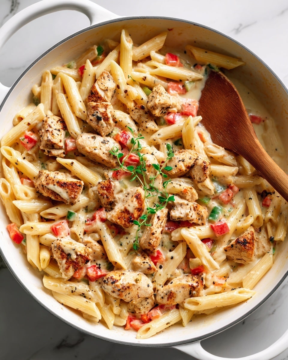 The image shows a close-up view of a creamy pasta dish in a white skillet filled with short penne pasta, cooked chicken chunks, and diced red and green bell peppers mixed together. The penne is coated in a light creamy sauce, giving a smooth, glossy texture all over. The chicken pieces are golden brown with some black pepper seasoning, spread evenly throughout the pasta. The bright red and green peppers add pops of color and freshness. A wooden spoon is resting inside the skillet, partially buried in the pasta mix. Some small sprigs of fresh green herbs are scattered on top for decoration. The skillet is placed on a white marbled textured surface. photo taken with an iphone --ar 4:5 --v 7